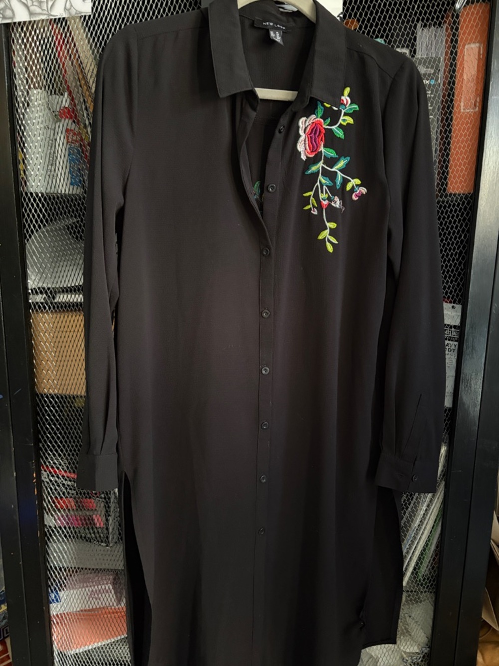 New Look Black Longline Button-Up Tunic with Rose Embroidery